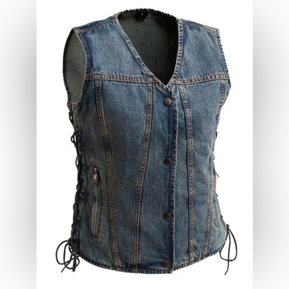 NEW Rough Neck First MFG Manufacturing Co Tiff Denim Motorcycle Vest lace up S